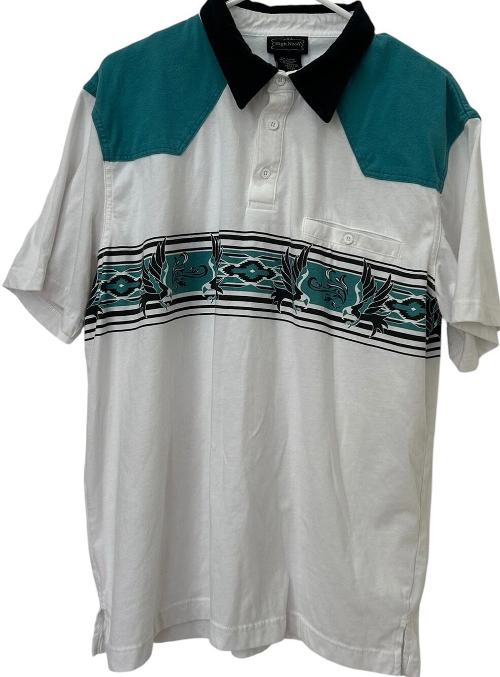 Vintage High Noon Western Shirt LG White Teal Southwest Aztec Eagle Polo Retro